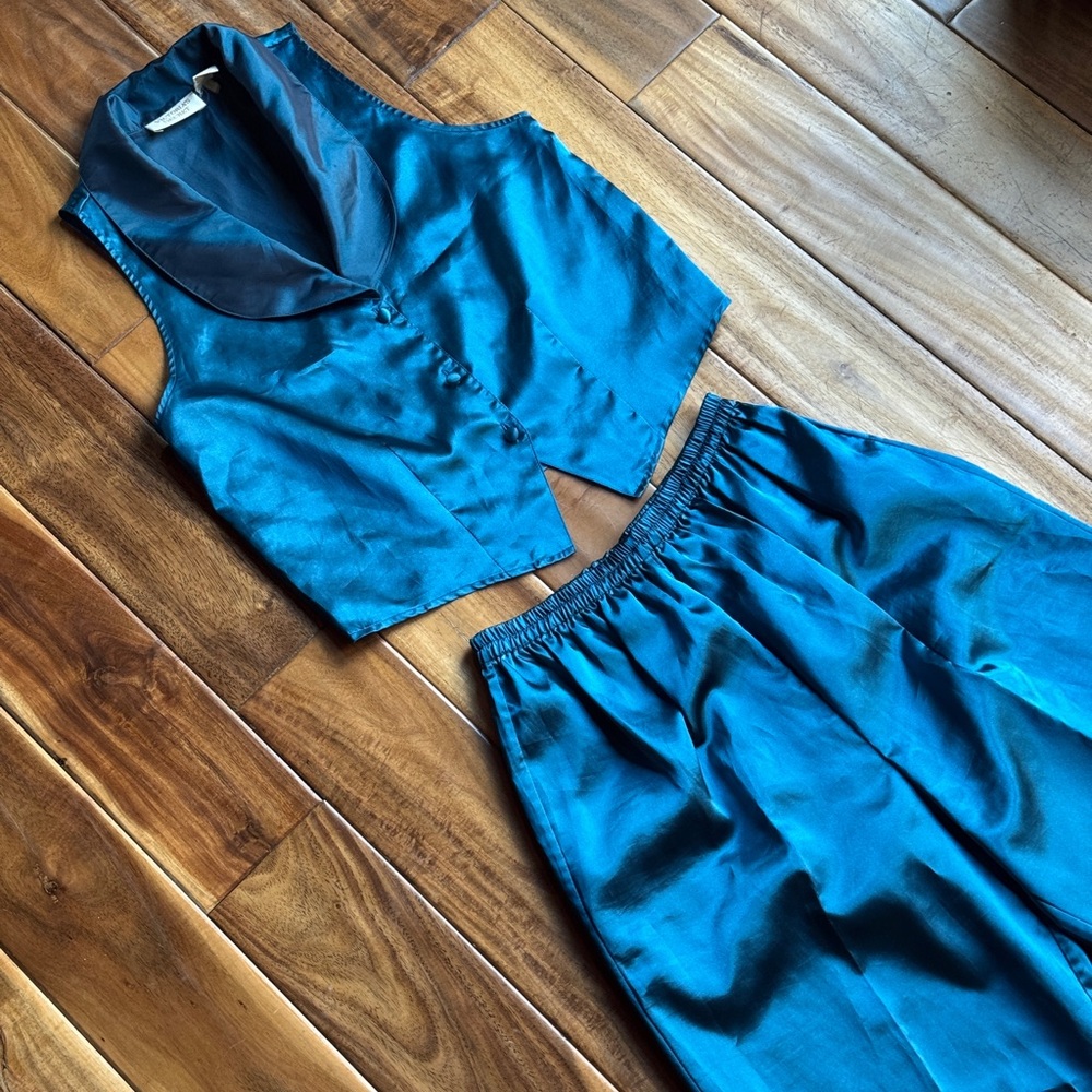 Vintage Victoria's Secret Gold Label Teal Satin Jumpsuit Set